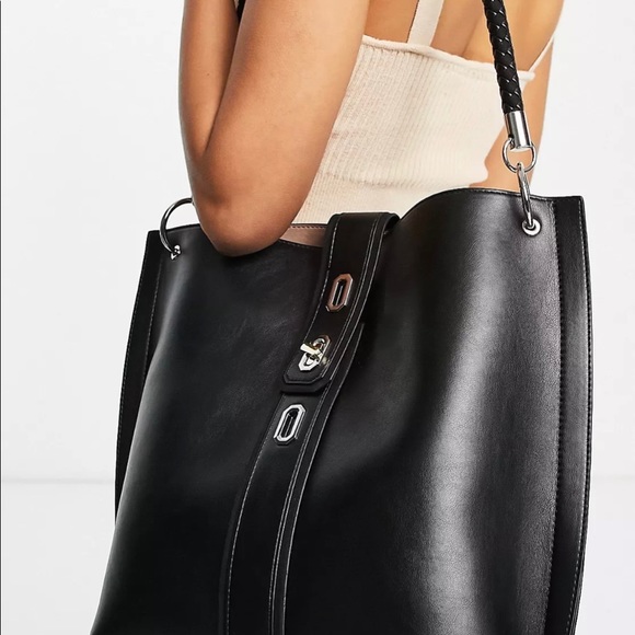 NWT TOPSHOP LEATHER LARGE BEAUTIFUL BAG WITH SILVER TURN LOCK & ADDITIONAL POUCH - Picture 3 of 11